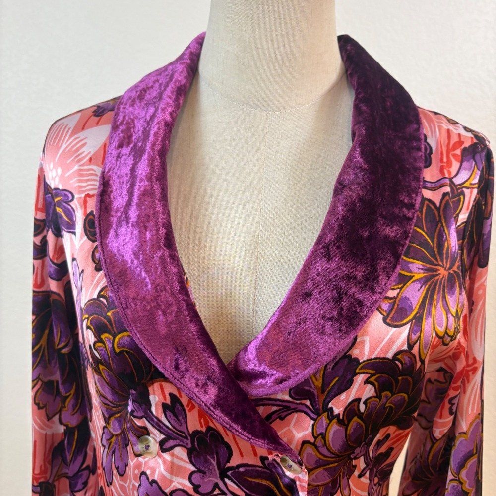 Anthropologie Sleep Top Womens XS Purple Floral Velvet Satin Pajama Shirt EUC - Picture 2 of 7